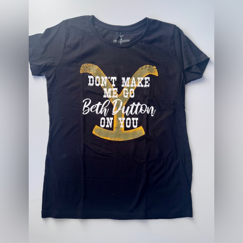 New Women’s Yellowstone Black Graphic Tee with Yellow and White Print